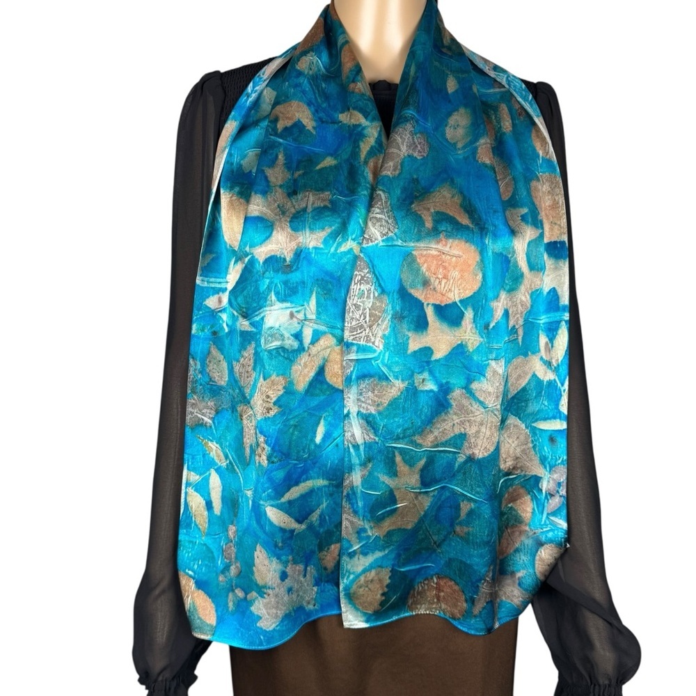 New 100% Silk Hand Dyed Leaves Ecoprint Rectangle Scarf 11'' x 58